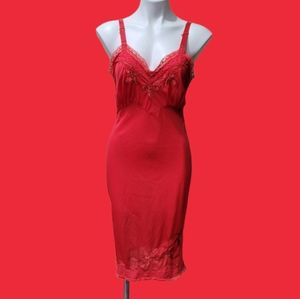 Vintage Red Nylon Slip Lingerie Lace Trim Nightie Women’s Sz 34